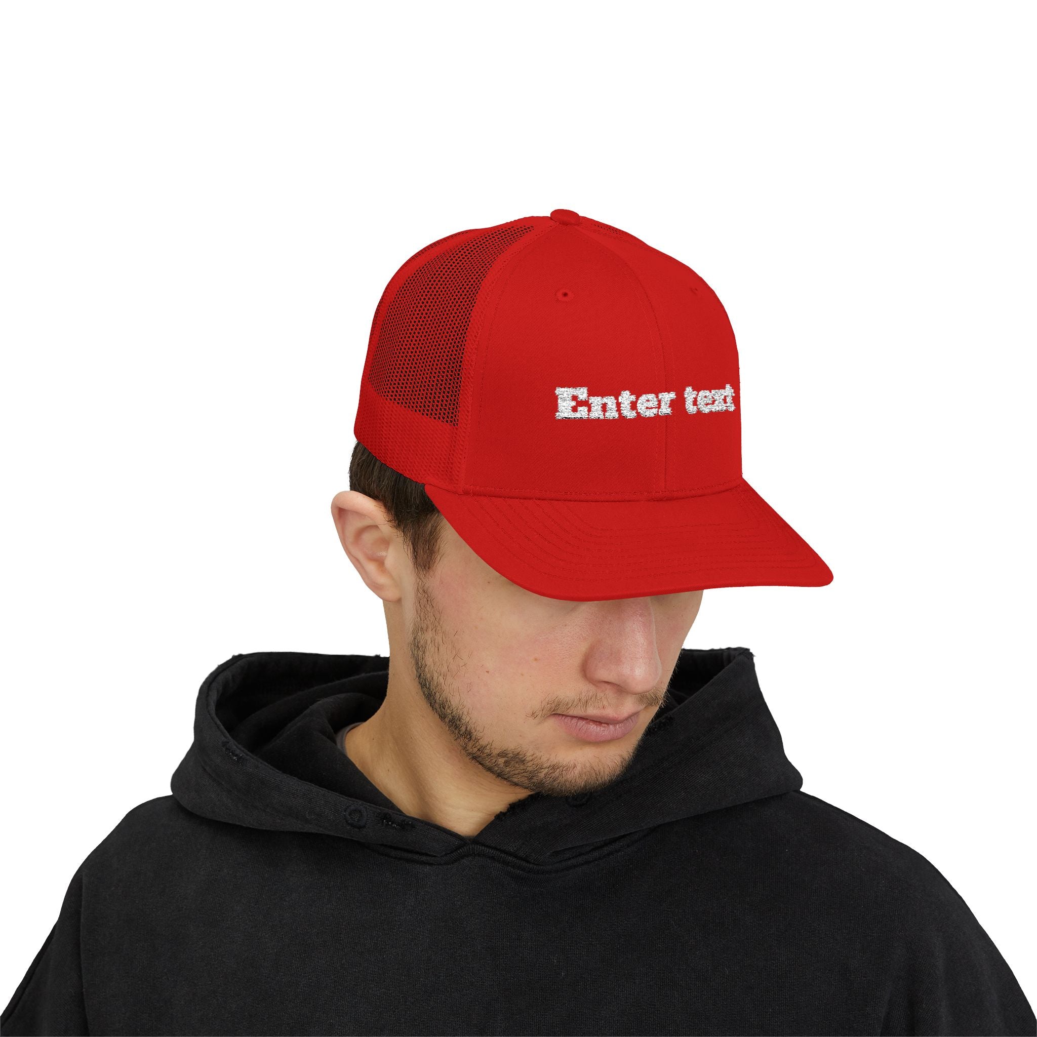 Customizable Red Snapback Trucker Cap with Text