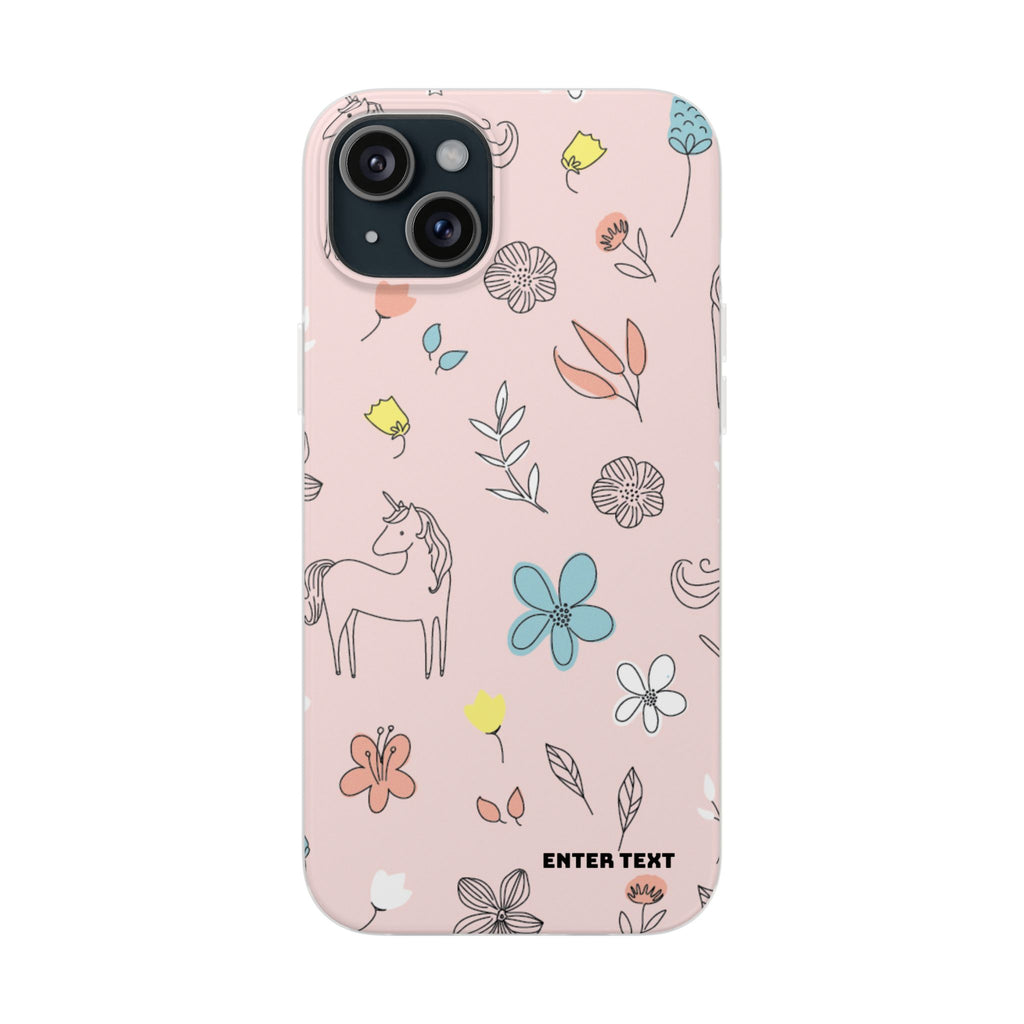Cute Floral Unicorn Phone Case — Pink Flexi Case (Custom Text)