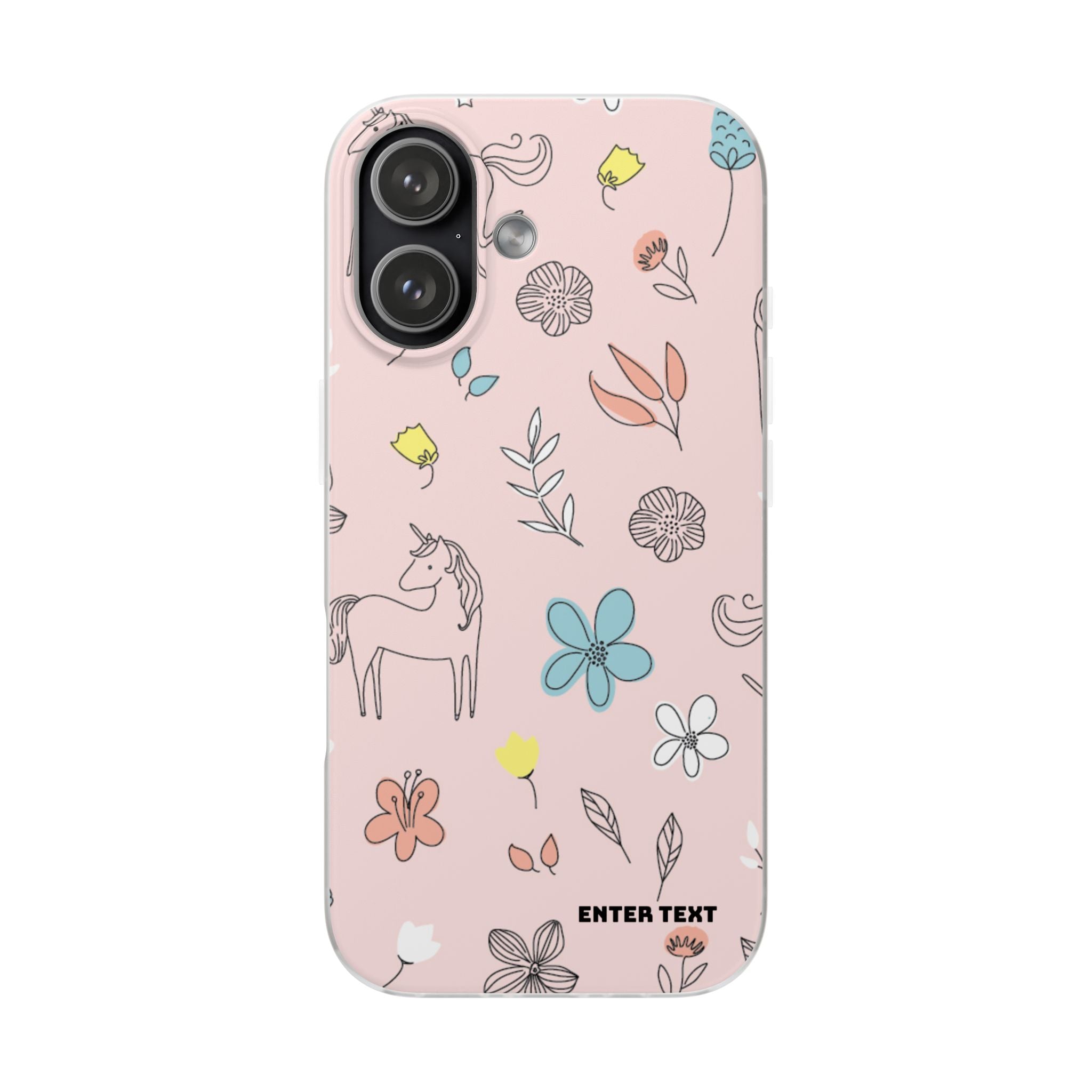 Cute Floral Unicorn Phone Case — Pink Flexi Case (Custom Text)