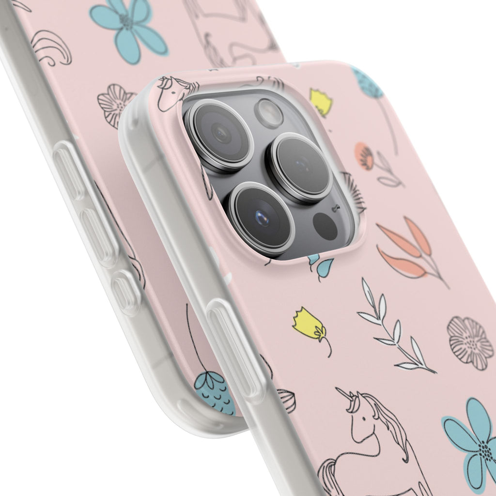 Cute Floral Unicorn Phone Case — Pink Flexi Case (Custom Text)