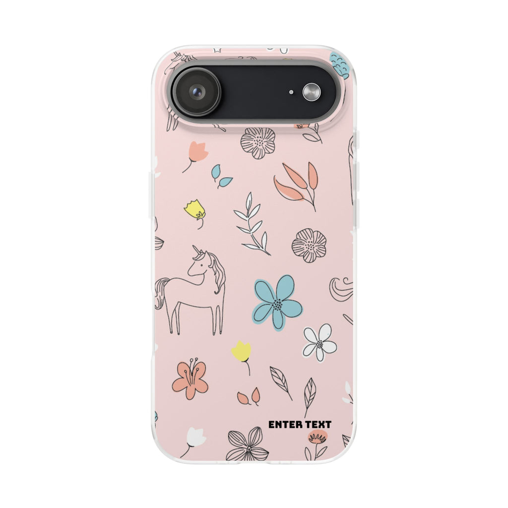 Cute Floral Unicorn Phone Case — Pink Flexi Case (Custom Text)