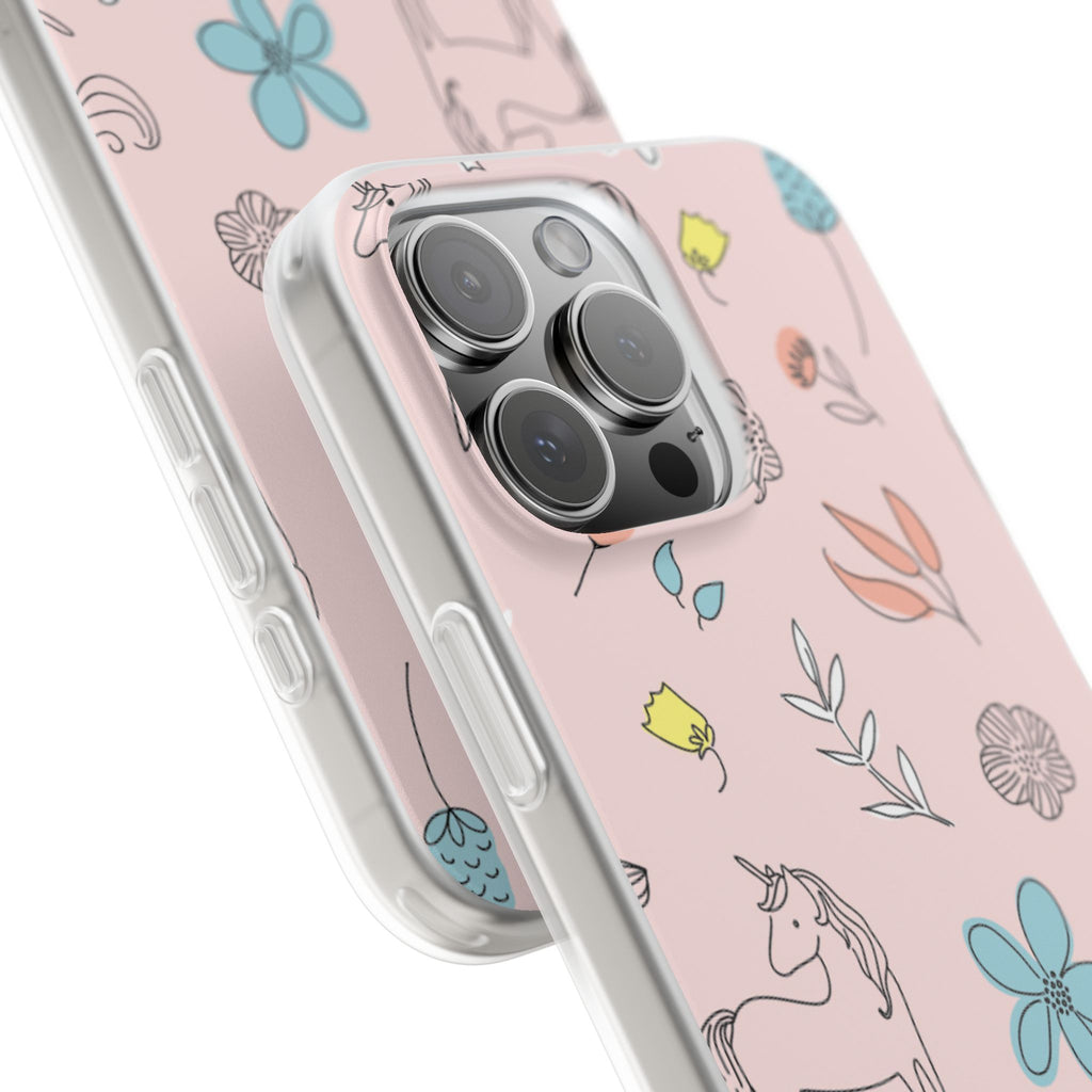 Cute Floral Unicorn Phone Case — Pink Flexi Case (Custom Text)