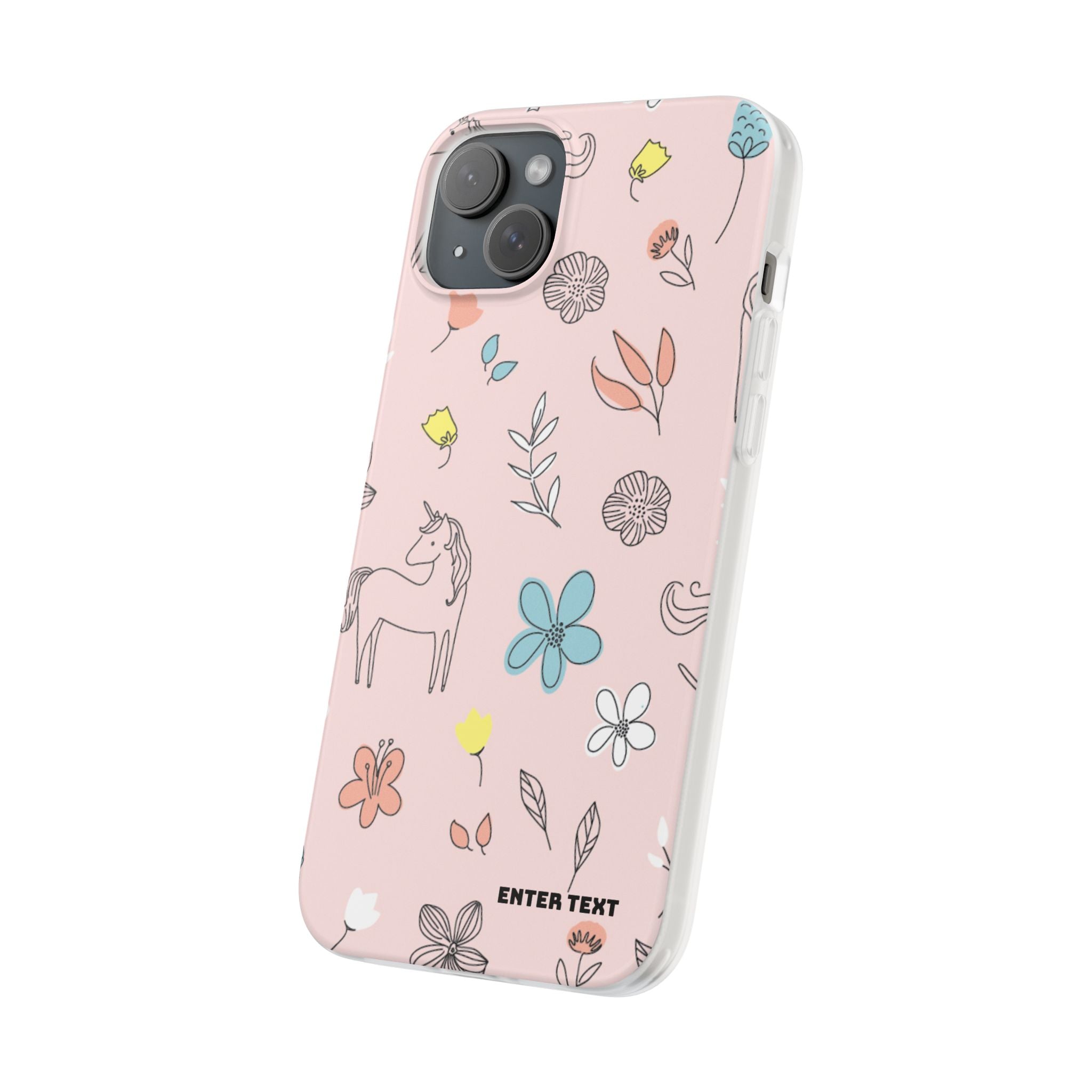 Cute Floral Unicorn Phone Case — Pink Flexi Case (Custom Text)