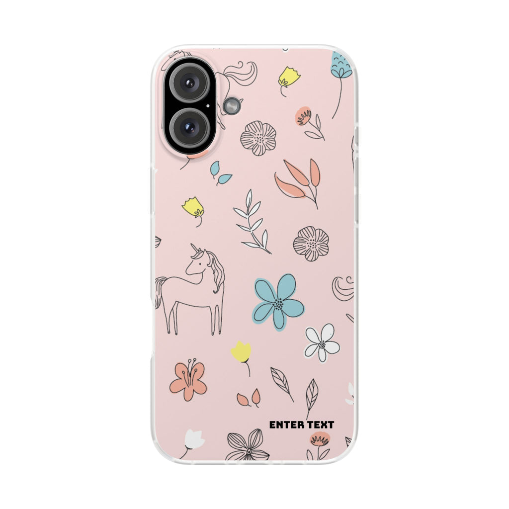 Cute Floral Unicorn Phone Case — Pink Flexi Case (Custom Text)