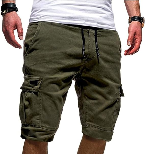 Men Casual Chino Cargo Shorts Elastic Waist Drawstring 6 Pockets