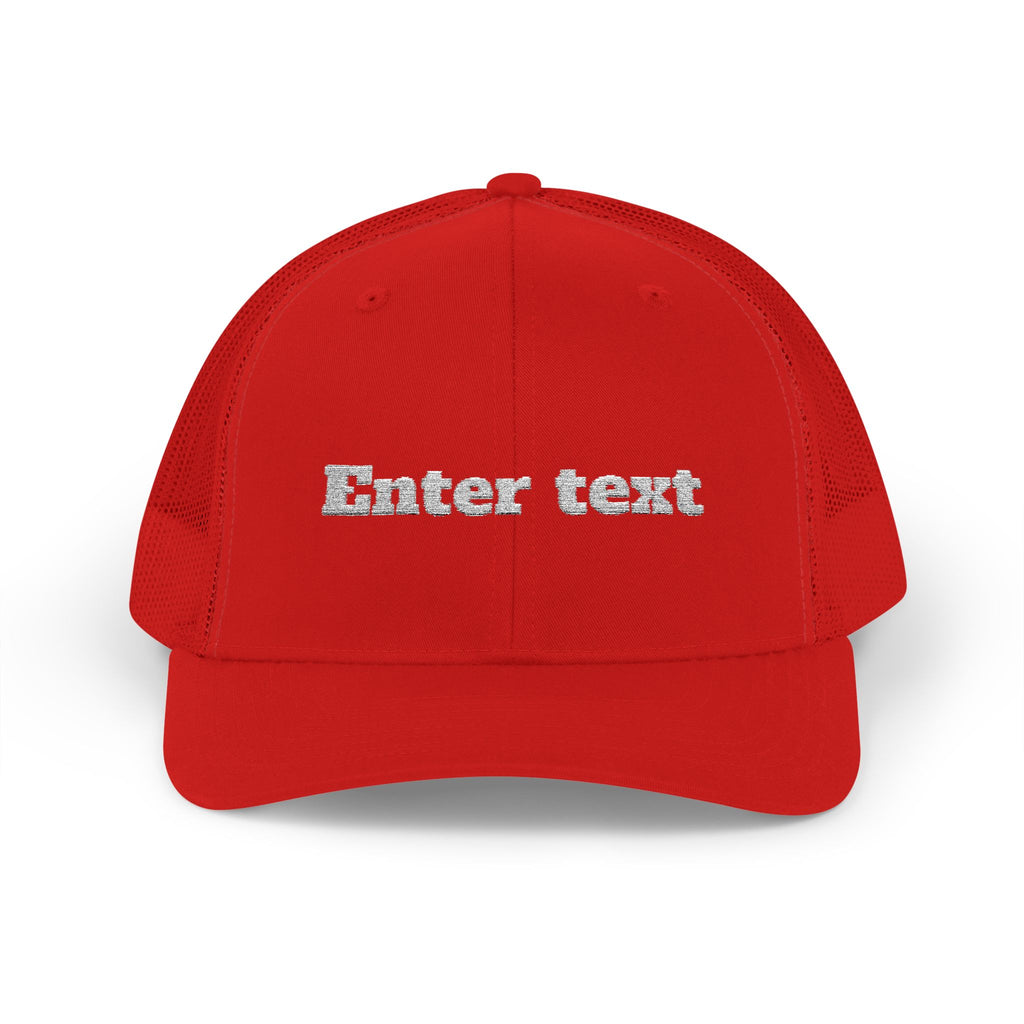 Customizable Red Snapback Trucker Cap with Text