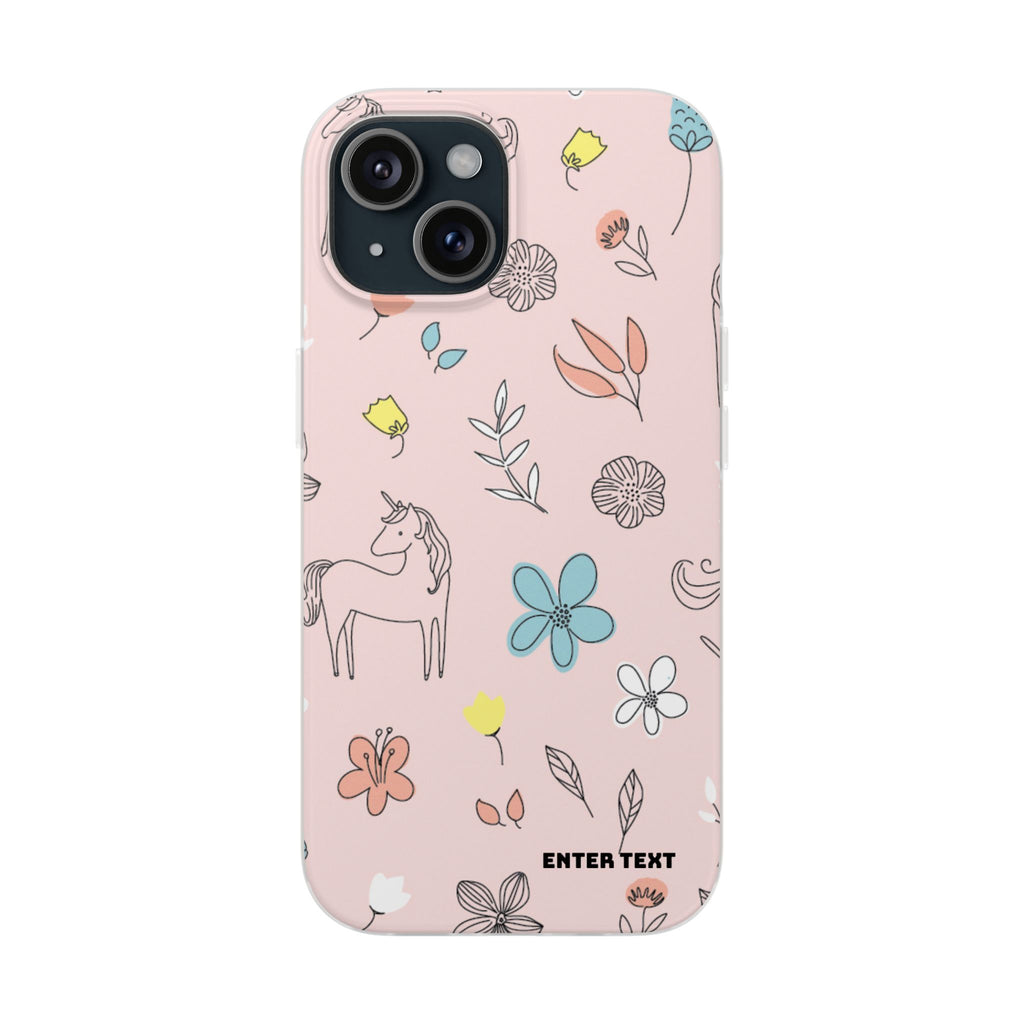 Cute Floral Unicorn Phone Case — Pink Flexi Case (Custom Text)