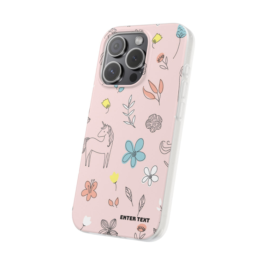 Cute Floral Unicorn Phone Case — Pink Flexi Case (Custom Text)