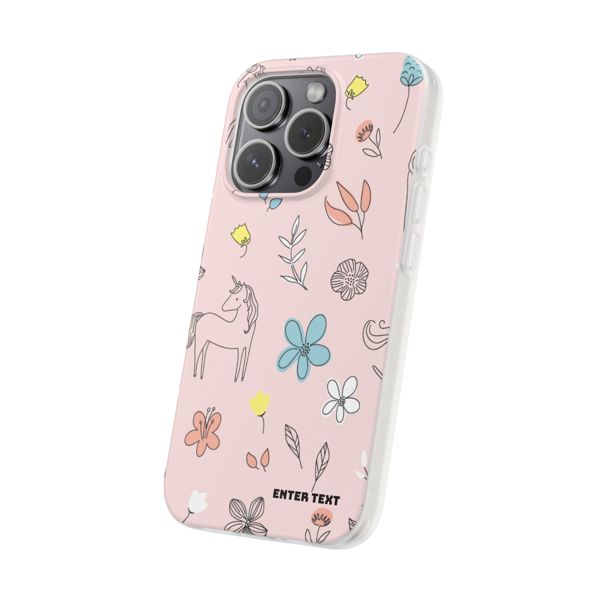Cute Floral Unicorn Phone Case — Pink Flexi Case (Custom Text)