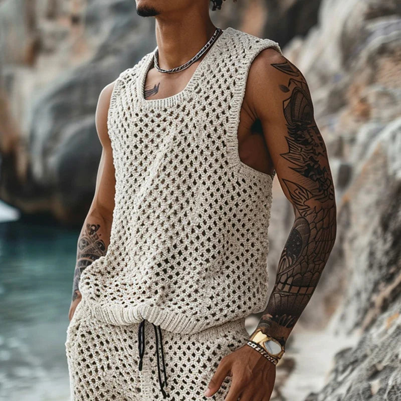 New Summer Men Knitted Two Piece Set Shorts set