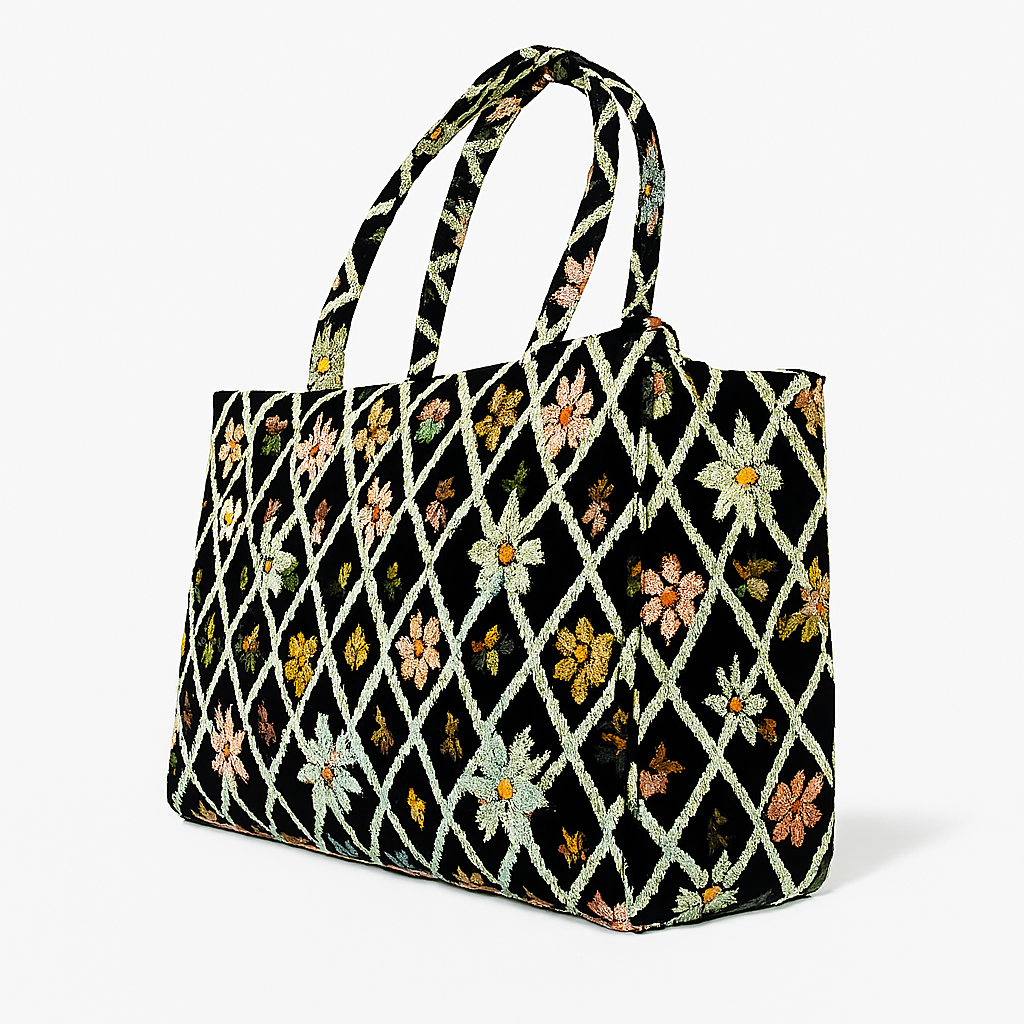 Floral Lattice Pattern Tote Bag with Black Background
