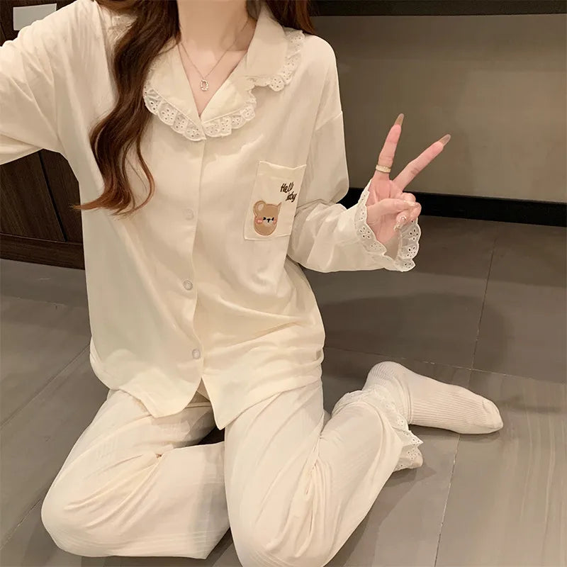 Sweet Cartoon New Style Women's Sleepwear Long Sleeve Casual Home Clothes Cardigan Cotton Like Fabric Four Seasons