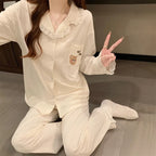 Sweet Cartoon New Style Women's Sleepwear Long Sleeve Casual Home Clothes Cardigan Cotton Like Fabric Four Seasons