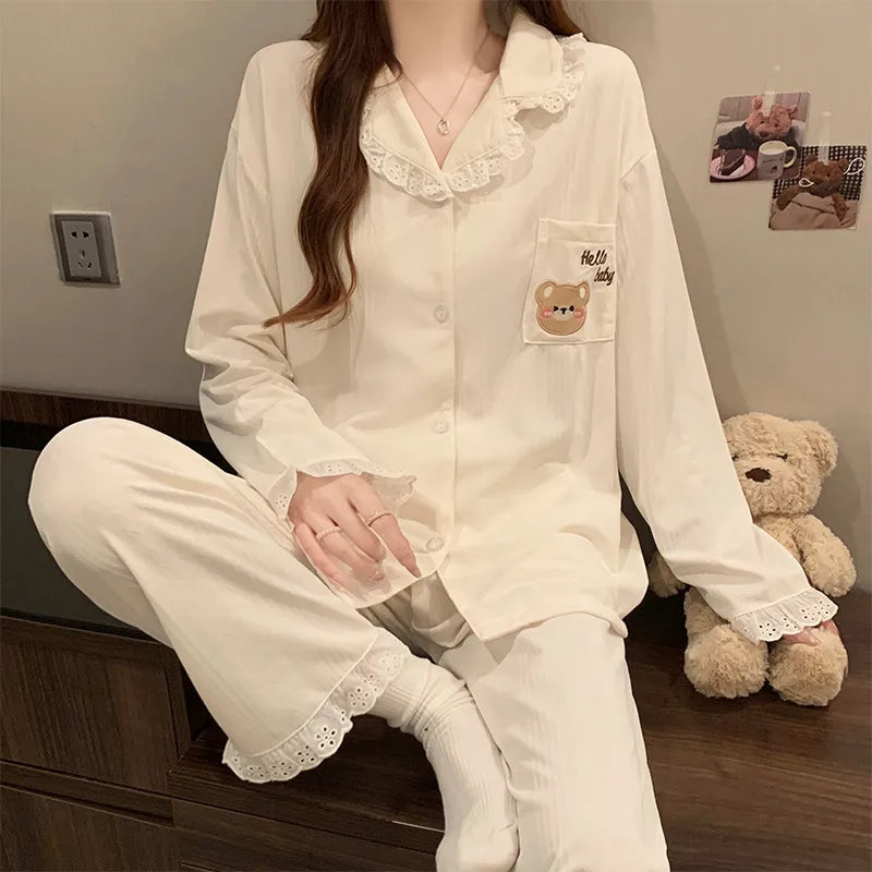Sweet Cartoon New Style Women's Sleepwear Long Sleeve Casual Home Clothes Cardigan Cotton Like Fabric Four Seasons