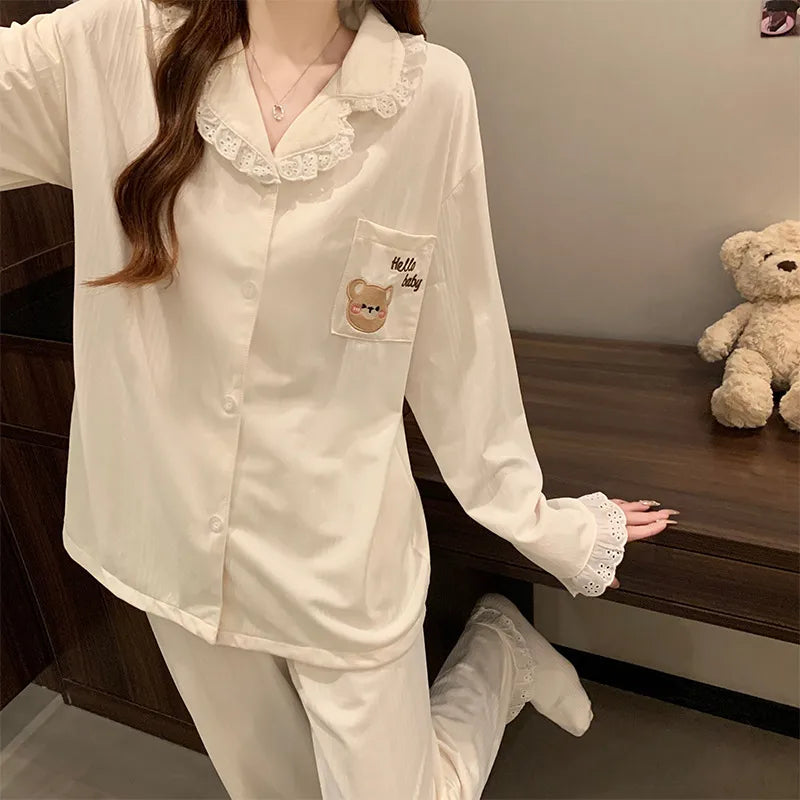 Sweet Cartoon New Style Women's Sleepwear Long Sleeve Casual Home Clothes Cardigan Cotton Like Fabric Four Seasons
