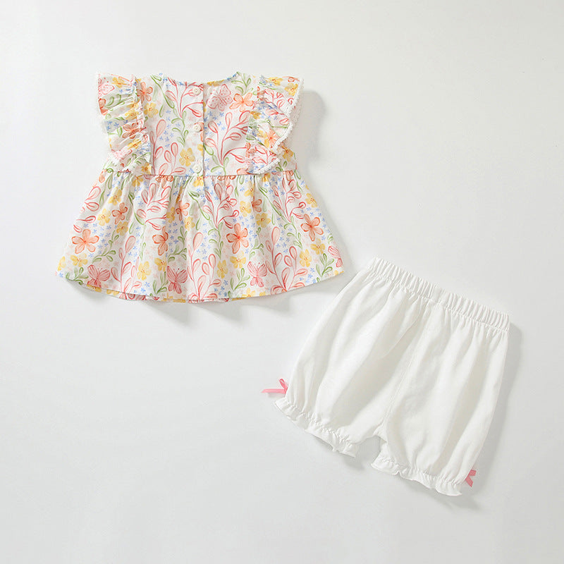 Summer Baby Kids Floral Pattern T-shirt and Beige Shorts  Clothing Set