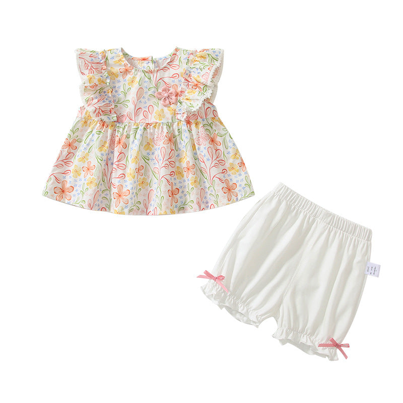 Summer Baby Kids Floral Pattern T-shirt and Beige Shorts  Clothing Set