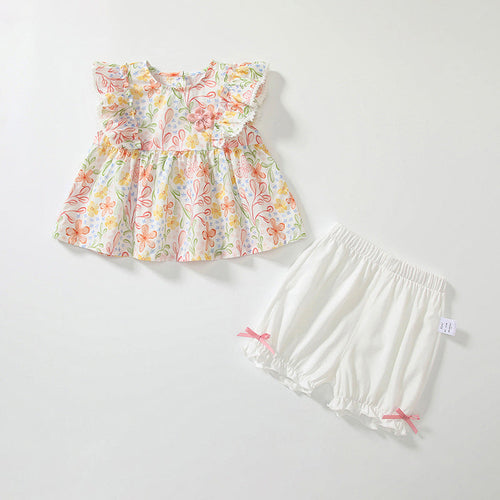 Summer Baby Kids Floral Pattern T-shirt and Beige Shorts  Clothing Set