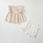 Summer Baby Kids Floral Pattern T-shirt and Beige Shorts  Clothing Set