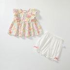 Summer Baby Kids Floral Pattern T-shirt and Beige Shorts  Clothing Set