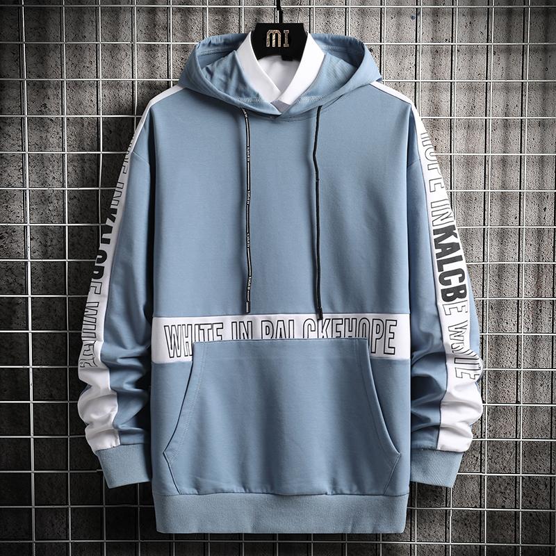 Print Pullover Mens Hoodie Blue Hood Sweatshirts Japan Style Loose Men