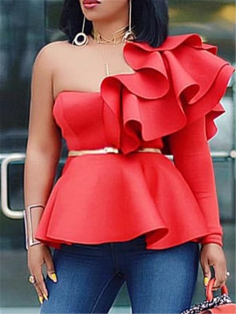 Women Blouse Tops Shirts One Shoulder Sexy Peplum Ruffles Slim Party
